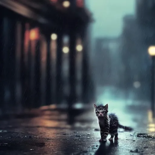 Prompt: homeless little kitten, sad, dirty fur, walking down the street, rain, dark shot, warm light reflection, digital artwork, volumetric color, 8k resolution, color, emotional, simple background, detailed fur, realistic, rainy atmosphere