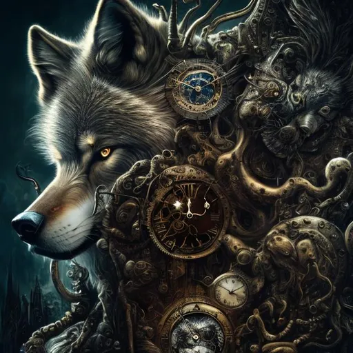 Prompt: Surrealistic 8K illustration of a majestic wolf, melting clock elements, surreal Dali-inspired style, intricate fur patterns, intense and piercing gaze, dreamlike atmosphere, high quality, ultra-detailed, surrealism, Dali-inspired, detailed fur, surreal atmosphere, vibrant colors, intense eyes, dreamlike lighting