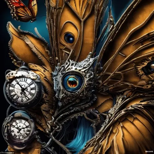 Prompt: Surrealistic 8K illustration of a majestic butterfly, melting clock elements, surreal Dali-inspired style, intricate fur patterns, intense and piercing gaze, dreamlike atmosphere, high quality, ultra-detailed, surrealism, Salvador Dali-inspired, detailed fur, surreal atmosphere, vibrant colors, intense eyes, dreamlike lighting
