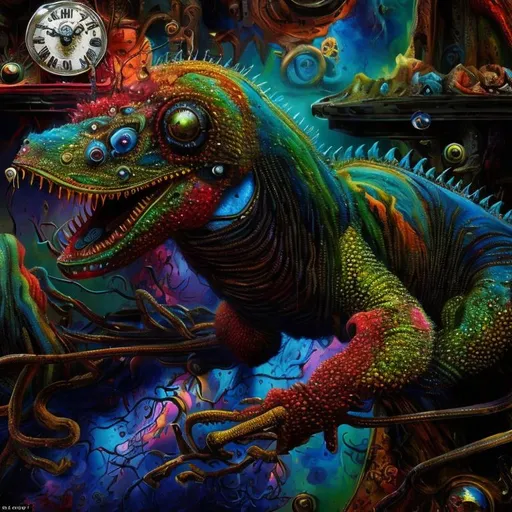 Prompt: Surrealistic 8K illustration, ant, vibrant colors, intense colors, melting clock elements, surreal Salvador Dali-inspired style, intricate fur patterns, intense and piercing gaze, dreamlike atmosphere, high quality, ultra-detailed, surrealism,detailed fur, surreal atmosphere, intense eyes, dreamlike lighting