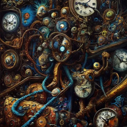 Prompt: Surrealistic 8K illustration,vibrant colors, intense colors, melting clock elements, surreal Salvador Dali-inspired style, intricate fur patterns, intense and piercing gaze, dreamlike atmosphere, high quality, ultra-detailed, surrealism,detailed fur, surreal atmosphere, intense eyes, dreamlike lighting