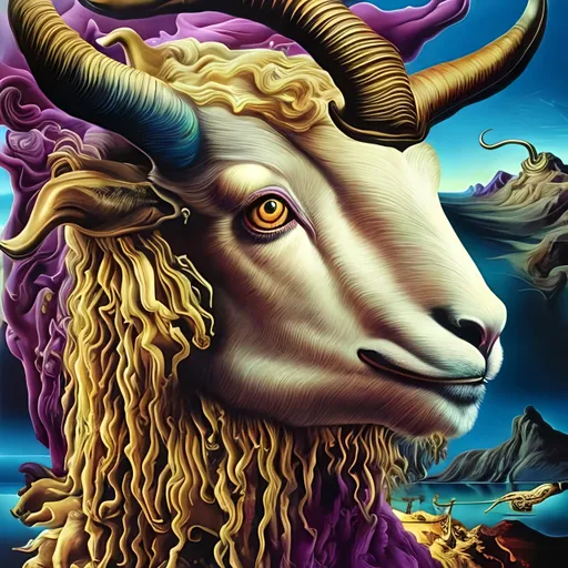 Prompt: Vibrantly surreal Salvador Dali inspired artwork of a majestic goat, highly detailed fur with vivid colors, surreal artistic style, high quality visuals, detailed eyes, dreamlike, vibrant colors, whimsical, surrealism, detailed fur, surreal lighting, 8k resolution