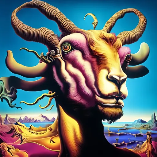 Prompt: Vibrantly surreal Salvador Dali inspired artwork of a majestic goat, highly detailed fur with vivid colors, surreal artistic style, high quality visuals, detailed eyes, dreamlike, vibrant colors, whimsical, surrealism, detailed fur, surreal lighting, 8k resolution