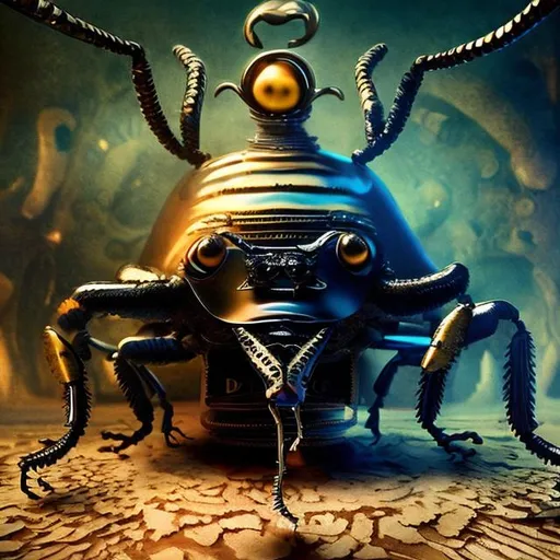Prompt: Surrealistic 8K illustration of a majestic beetle, melting clock elements, surreal Dali-inspired style, intricate fur patterns, intense and piercing gaze, dreamlike atmosphere, high quality, ultra-detailed, surrealism, Dali-inspired, detailed fur, surreal atmosphere, vibrant colors, intense eyes, dreamlike lighting

