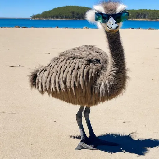 Prompt: an emu wearing sunglasses and chilling on a beach