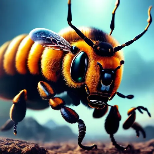 Prompt: intense gaze, powerful stance,  Dali- style, vibrant colors, natural environment, photorealistic, 8k resolution, detailed texture, professional, realistic lighting, bee, high-quality