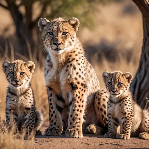 Prompt: Cheetah and cubs, Africa, sunny day, photorealistic, 8k resolution, detailed fur, vibrant colors, wildlife photography, realistic lighting, professional, high-quality, intense gaze, powerful stance, detailed texture, natural environment, wildlife scene