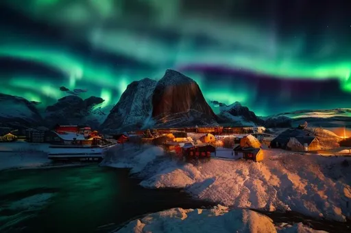 Prompt: norwayl, vibrant colors, snowy landscape, majestic aurora borealis, 8k resolution, high quality, surreal, natural beauty, atmospheric lighting, serene, detailed snow, ethereal, breathtaking, winter wonderland