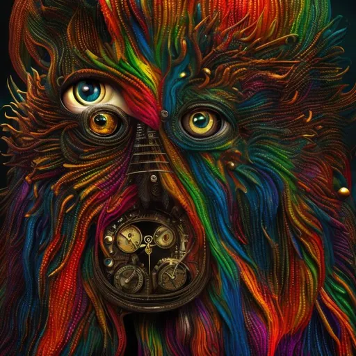 Prompt: Surrealistic 8K illustration,vibrant colors, intense colors, melting clock elements, surreal Salvador Dali-inspired style, intricate fur patterns, intense and piercing gaze, dreamlike atmosphere, high quality, ultra-detailed, surrealism,detailed fur, surreal atmosphere, intense eyes, dreamlike lighting