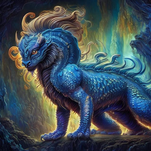 Prompt: Mesmerizing Manticore, Majestic Threatening Creature, Reptilian, Demonic, Iridescence, Deep Marine Blue, Mix scott gustafson and Josephine wall style, Art by Kyrielle superhigh quality, fantasy art digital hd, intricate details, volumetric lighting, perfect composition, delicate face, breathtaking beauty, hot and deep colors, perfect composition, beautiful detailed intricate insanely detailed octane render trending on artstation, 8 k artistic photography, photorealistic concept art, soft natural volumetric cinematic perfect light, chiaroscuro, award - winning photograph, masterpiece, oil on canvas, raphael, caravaggio, greg rutkowski, beeple, beksinski, giger