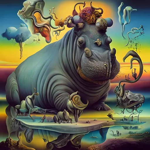 Prompt: Vibrantly surreal Salvador Dali inspired artwork of a majestic hippo, highly detailed fur with vivid colors, surreal artistic style, high quality visuals, detailed eyes, dreamlike, vibrant colors, whimsical, surrealism, detailed fur, surreal lighting, 8k resolution