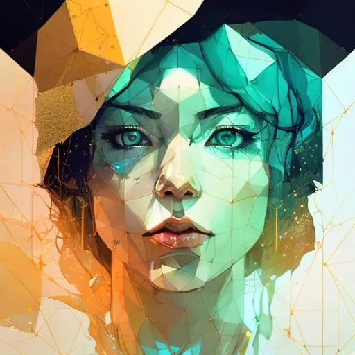 Prompt: "((woman)), long white hair, by conrad roset, greg rutkowski, makoto shinkai, low poly, circles, spheres, geometric figures, abstract, style of black and white drawing with golden pops of color, portrait of woman built from cubic elements, polygon contrast shadows, smirk, origami style, polyhedrons, ultra detailed, water splash, colour splash art, ((oil on canvas))"
