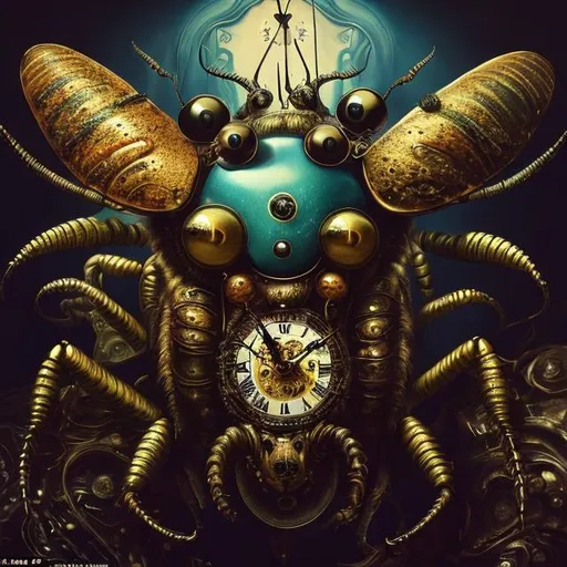 Prompt: Surrealistic 8K illustration of a majestic beetle, melting clock elements, surreal Dali-inspired style, intricate fur patterns, intense and piercing gaze, dreamlike atmosphere, high quality, ultra-detailed, surrealism, Dali-inspired, detailed fur, surreal atmosphere, vibrant colors, intense eyes, dreamlike lighting
