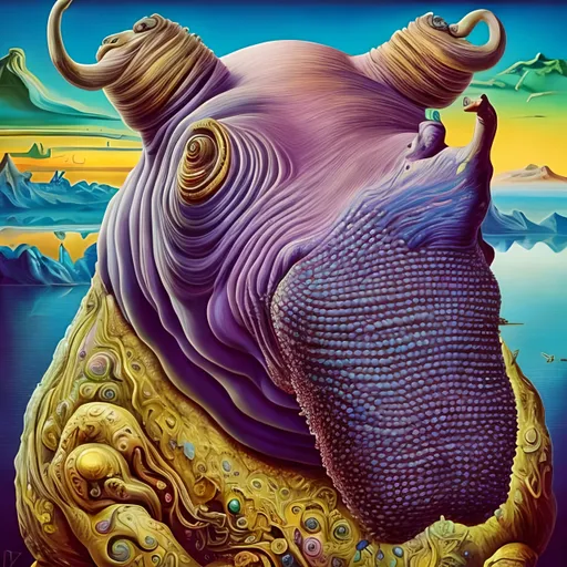 Prompt: Vibrantly surreal Salvador Dali inspired artwork of a majestic hippo, highly detailed fur with vivid colors, surreal artistic style, high quality visuals, detailed eyes, dreamlike, vibrant colors, whimsical, surrealism, detailed fur, surreal lighting, 8k resolution