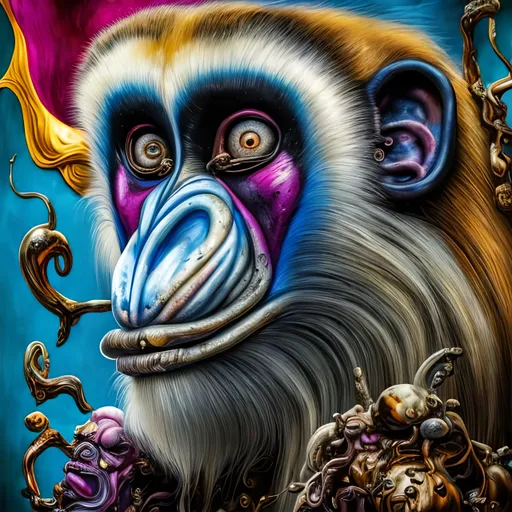 Prompt: Colobus in the style of Salvador Dali, 8k resolution, surrealistic, melting clocks, detailed fur, vibrant colors, abstract background, high-quality, surrealism, 8k resolution, detailed features, Salvador Dali style, baboon, vibrant colors, melting clocks, surrealistic, surreal background, detailed fur, artistic, high-quality visuals