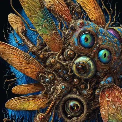 Prompt: Surrealistic 8K illustration, dragonfly, vibrant colors, intense colors, melting clock elements, surreal Salvador Dali-inspired style, intricate fur patterns, intense and piercing gaze, dreamlike atmosphere, high quality, ultra-detailed, surrealism,detailed fur, surreal atmosphere, intense eyes, dreamlike lighting