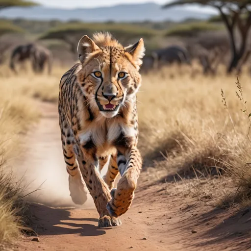 Prompt: Tiger running, Kenya national park, sunny day, photorealistic, 8k resolution, detailed fur, vibrant colors, wildlife photography, realistic lighting, professional, high-quality, intense gaze, powerful stance, detailed texture, natural environment, wildlife scene
