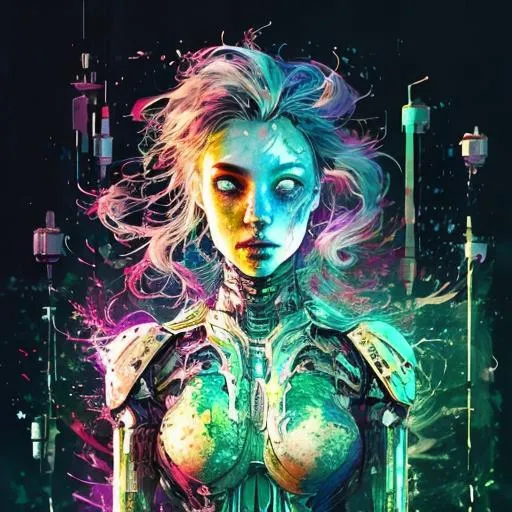 Prompt: Ink_Splatter_Effects :: Digital watercolor stunning_beautiful_Green_woman_Cyborgs_In_Space :: surrounded by glowing luminescent particles :: Fantasyscape sunset, by Waterhouse, Carne Griffiths, Minjae Lee, Ana Paula Hoppe, Stylized watercolor art, Intricate, Complex contrast, HDR, Sharp, soft Cinematic Volumetric lighting, flowerly pastel colours, beautifully shot, hyperrealistic, wide long shot, perfect masterpiece"