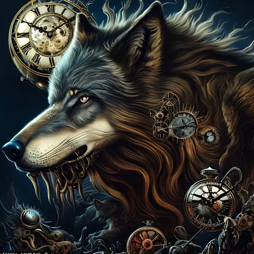 Prompt: Surrealistic 8K illustration of a majestic wolf, melting clock elements, surreal Dali-inspired style, intricate fur patterns, intense and piercing gaze, dreamlike atmosphere, high quality, ultra-detailed, surrealism, Dali-inspired, detailed fur, surreal atmosphere, vibrant colors, intense eyes, dreamlike lighting