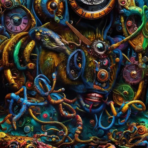 Prompt: Surrealistic 8K illustration,vibrant colors, intense colors, melting clock elements, surreal Salvador Dali-inspired style, intricate fur patterns, intense and piercing gaze, dreamlike atmosphere, high quality, ultra-detailed, surrealism,detailed fur, surreal atmosphere, intense eyes, dreamlike lighting