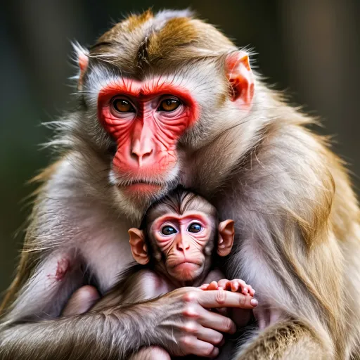 Prompt: Japanese Macaque with baby, intense gaze, powerful stance, vibrant colors, natural environment, realistic lighting, photorealistic, 8k resolution, detailed texture, professional, high-quality