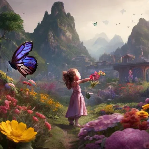 Prompt: The little girl pick up flowers in garden and background is mountain. Butterfly is flying"
Weight:1  
"detailed matte painting, deep color, fantastical, intricate detail, splash screen, complementary colors, fantasy concept art, 8k resolution trending on Artstation Unreal Engine 5"