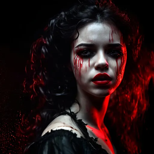 Prompt: A beautiful woman in front of a black moody background, dressed in a black blouse with long black wavy hair dlowing in the wind. Bruises and cuts on the face, dripping blood and teary eyes. Red lips swollen. Black background, 8k resolution