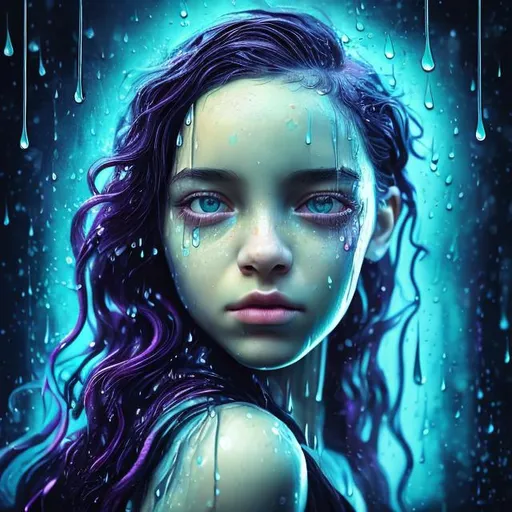 Prompt: professional colourful portrait of a girl with drops of water on your face, in the style of surrealistic dystopia, wet on wet blending, on a black background, Nerdy and real life girl, posing like a model, languid look, perfect symmetric eyes, gorgeous face, with soft lush curly black long hair, hyper-realistic, digital graphics, sharp focus, perfect composition, a model of ultra-high quality and clarity, perfect play of light and shadow, 32k HDR, hyper-detailing, complex artistic masterpiece