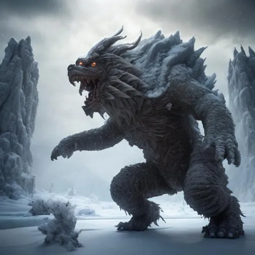 Prompt: an enormous snow monster is standing on the ice, in the style of epic fantasy scenes, manticore, explosive wildlife, terragen, dark gray, caninecore, strong facial expression, realistic hyper-detailed rendering, hyper-realistic details, 32k uhd, masterpiece::, the creature is moving towards the snow and it's claws, 2d game art, mythical beasts, strong facial expression, national geographic photo, cold and detached atmosphere, salvator rosa, realistic hyper-detailed rendering, hyper-realistic details, 32k uhd, masterpiece::, photo, digital art, fantasy, the dark crystal movie style:: --v 5. 2