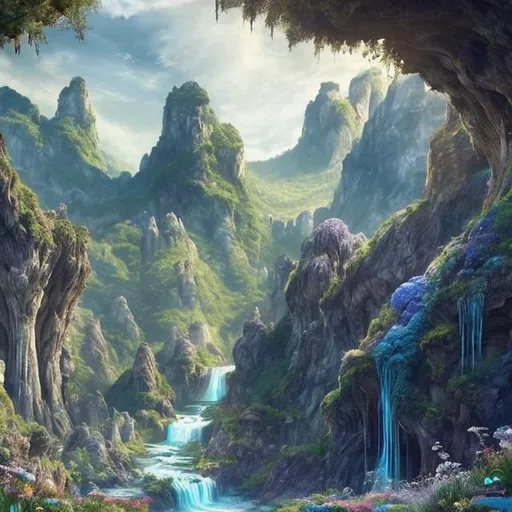 Prompt: landscape portrait of a lush magical fantasy valley between mountains, blue river flowing between forests, blue crystal rocks jutting out of the ground, stone pillars, enormous cave entrance, castle in background, nighttime, white fluffy clouds, beautiful wildflowers cover the ground, waterfall, (backlighting), realistic, masterpiece, highest quality, ((intricate armor)), fantasy forest in background, ((excited)), lens flare, shade, bloom, ((light sparkles)), [chromatic aberration], by Jeremy Lipking, by Antonio J. Manzanedo, by (Alphonse Mucha), 
