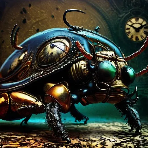 Prompt: Surrealistic 8K illustration of a majestic beetle, melting clock elements, surreal Dali-inspired style, intricate fur patterns, intense and piercing gaze, dreamlike atmosphere, high quality, ultra-detailed, surrealism, Salvador Dali-inspired, detailed fur, surreal atmosphere, vibrant colors, intense eyes, dreamlike lighting
