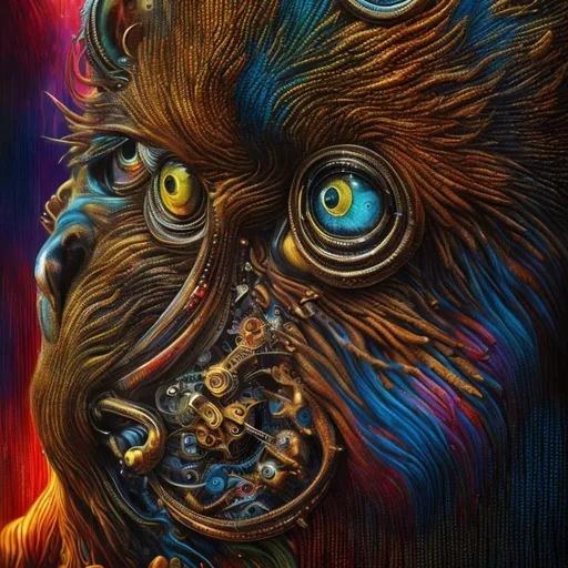Prompt: Surrealistic 8K illustration,vibrant colors, intense colors, melting clock elements, surreal Salvador Dali-inspired style, intricate fur patterns, intense and piercing gaze, dreamlike atmosphere, high quality, ultra-detailed, surrealism,detailed fur, surreal atmosphere, intense eyes, dreamlike lighting