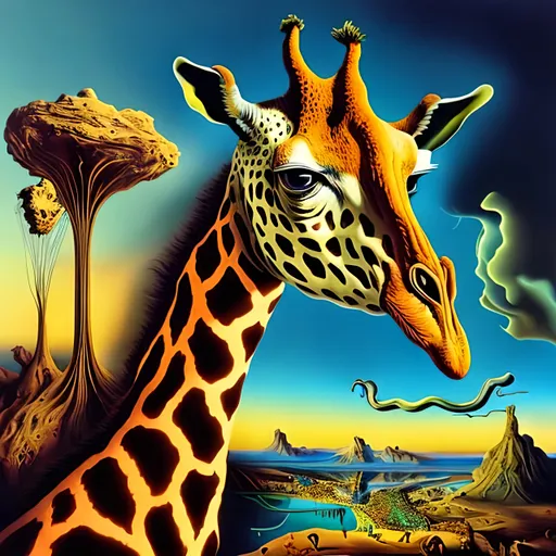 Prompt: Vibrantly surreal Salvador Dali inspired artwork of a majestic giraffe, highly detailed fur with vivid colors, surreal artistic style, high quality visuals, detailed eyes, dreamlike, vibrant colors, whimsical, surrealism, detailed fur, surreal lighting, 8k resolution