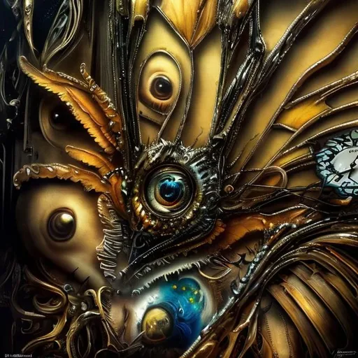 Prompt: Surrealistic 8K illustration of a majestic butterfly, melting clock elements, surreal Dali-inspired style, intricate fur patterns, intense and piercing gaze, dreamlike atmosphere, high quality, ultra-detailed, surrealism, Salvador Dali-inspired, detailed fur, surreal atmosphere, vibrant colors, intense eyes, dreamlike lighting
