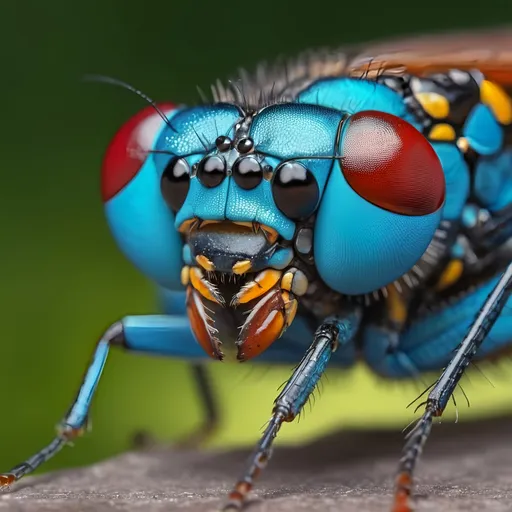 Prompt: Dragonfly macro, intense gaze, powerful stance, vibrant colors, natural environment, realistic lighting, photorealistic, 8k resolution, detailed texture, professional, high-quality