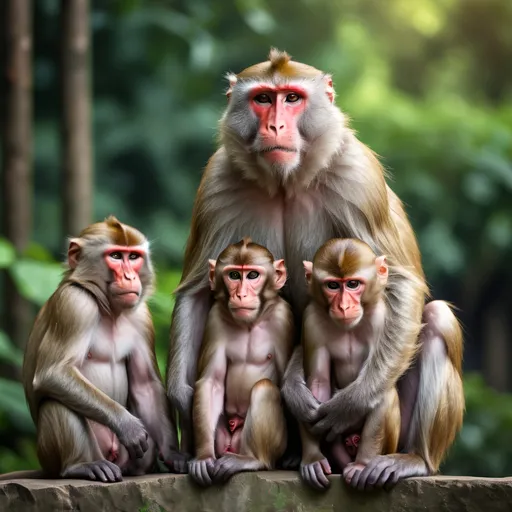 Prompt: Japanese Macaque family, intense gaze, powerful stance, vibrant colors, natural environment, realistic lighting, photorealistic, 8k resolution, detailed texture, professional, high-quality