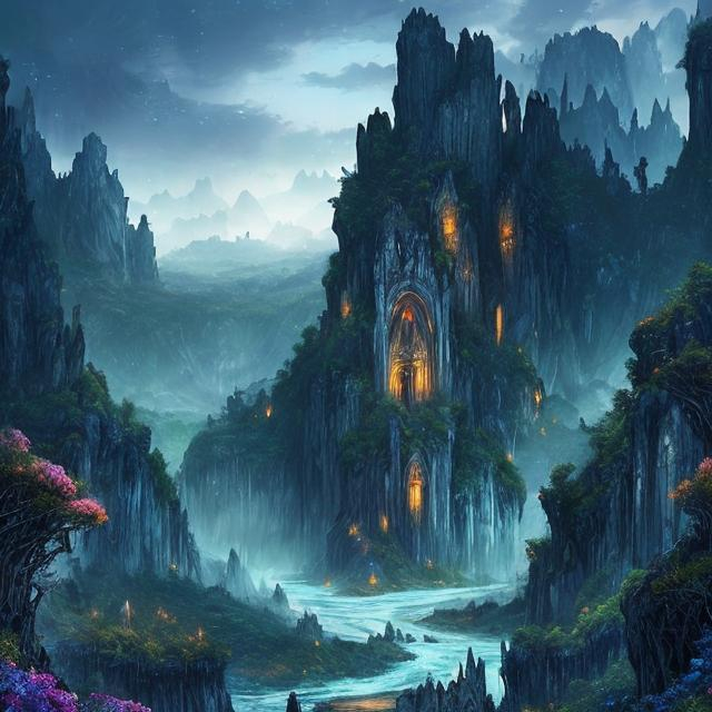 Prompt: dark landscape portrait of a lush magical fantasy valley between mountains, blue river flowing between forests, blue crystal rocks jutting out of the ground, stone pillars, enormous cave entrance, castle in background, nighttime, white fluffy clouds, beautiful wildflowers cover the ground, waterfall, (backlighting), realistic, masterpiece, highest quality, ((intricate armor)), fantasy forest in background, ((excited)), lens flare, shade, bloom, ((light sparkles)), [chromatic aberration], by Jeremy Lipking, by Antonio J. Manzanedo, by (Alphonse Mucha), 
