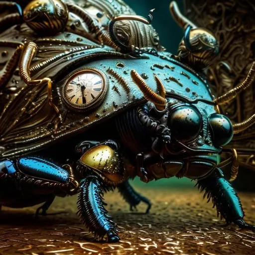 Prompt: Surrealistic 8K illustration of a majestic beetle, melting clock elements, surreal Dali-inspired style, intricate fur patterns, intense and piercing gaze, dreamlike atmosphere, high quality, ultra-detailed, surrealism, Salvador Dali-inspired, detailed fur, surreal atmosphere, vibrant colors, intense eyes, dreamlike lighting
