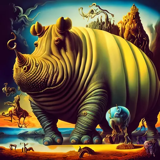 Prompt: Vibrantly surreal Salvador Dali inspired artwork of a majestic hippo, highly detailed fur with vivid colors, surreal artistic style, high quality visuals, detailed eyes, dreamlike, vibrant colors, whimsical, surrealism, detailed fur, surreal lighting, 8k resolution