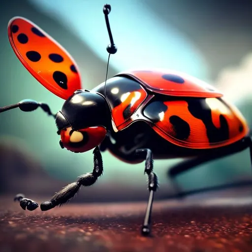 Prompt: intense gaze, powerful stance,  Dali- style, vibrant colors, natural environment, photorealistic, 8k resolution, detailed texture, professional, realistic lighting, ladybug, high-quality