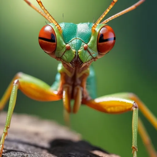 Prompt: Mantis macro, intense gaze, powerful stance, vibrant colors, natural environment, realistic lighting, photorealistic, 8k resolution, detailed texture, professional, high-quality