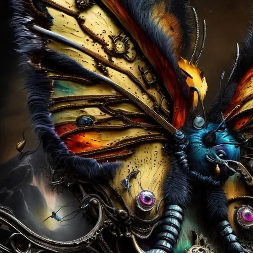 Prompt: Surrealistic 8K illustration of a majestic butterfly, melting clock elements, surreal Dali-inspired style, intricate fur patterns, intense and piercing gaze, dreamlike atmosphere, high quality, ultra-detailed, surrealism, Salvador Dali-inspired, detailed fur, surreal atmosphere,  rainbow colors, vibrant colors, intense eyes, dreamlike lighting, 
