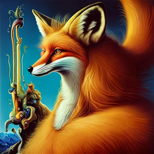 Prompt: Vibrantly surreal Salvador Dali inspired artwork of a majestic fox, highly detailed fur with vivid colors, surreal artistic style, high quality visuals, detailed eyes, dreamlike, vibrant colors, whimsical, surrealism, detailed fur, surreal lighting, 8k resolution