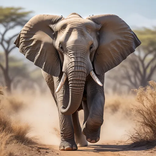 Prompt: African Elephant running, detailed fur, intense gaze, powerful stance, vibrant colors, wildlife photography, natural environment, realistic lighting, photorealistic, 8k resolution, detailed texture, professional, high-quality, wildlife scene, sunny day