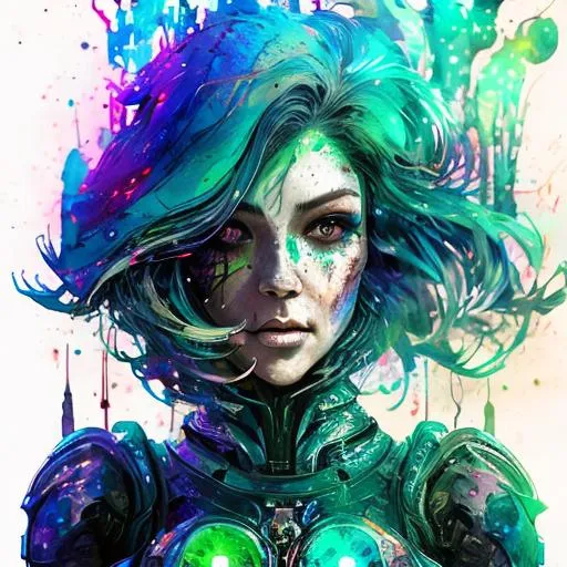 Prompt: Ink_Splatter_Effects :: Digital watercolor stunning_beautiful_Green_woman_Cyborgs_In_Space :: surrounded by glowing luminescent particles :: Fantasyscape sunset, by Waterhouse, Carne Griffiths, Minjae Lee, Ana Paula Hoppe, Stylized watercolor art, Intricate, Complex contrast, HDR, Sharp, soft Cinematic Volumetric lighting, flowerly pastel colours, beautifully shot, hyperrealistic, wide long shot, perfect masterpiece"