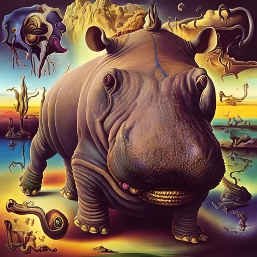 Prompt: Vibrantly surreal Salvador Dali inspired artwork of a majestic hippo, highly detailed fur with vivid colors, surreal artistic style, high quality visuals, detailed eyes, dreamlike, vibrant colors, whimsical, surrealism, detailed fur, surreal lighting, 8k resolution