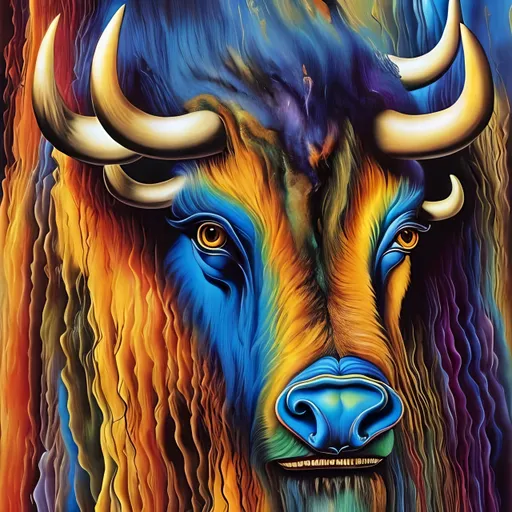 Prompt: Vibrant Salvador Dali inspired artwork of a majestic buffalo, highly detailed fur with vivid colors, artistic style, high quality visuals, detailed eyes, dreamlike, vibrant colors, whimsical,  detailed fur, surreal lighting, 8k resolution