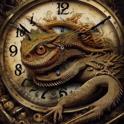 Prompt: Surrealistic 8K illustration of a Bearded Dragon, melting clock elements, surreal Dali-inspired style, intricate fur patterns, intense and piercing gaze, dreamlike atmosphere, high quality, ultra-detailed, surrealism, Dali-inspired, detailed fur, surreal atmosphere, vibrant colors, intense eyes, dreamlike lighting