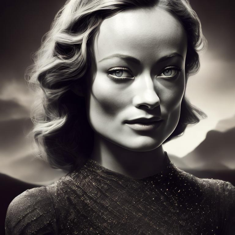 Prompt: Olivia Wilde, 1930 style Seebergportrait by George Hurrell, black and white still, digital Art, perfect composition, beautiful detailed intricate insanely detailed octane render trending on artstation, 8 k artistic photography, photorealistic concept art, soft natural volumetric cinematic perfect light, chiaroscuro, award - winning photograph, masterpiece, oil on canvas, raphael, caravaggio, greg rutkowski, beeple, beksinski, giger