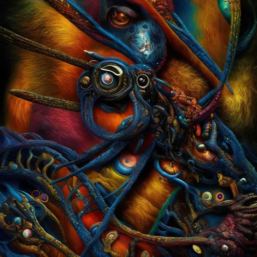 Prompt: Surrealistic 8K illustration,vibrant colors, intense colors, melting clock elements, surreal Salvador Dali-inspired style, intricate fur patterns, intense and piercing gaze, dreamlike atmosphere, high quality, ultra-detailed, surrealism,detailed fur, surreal atmosphere, intense eyes, dreamlike lighting